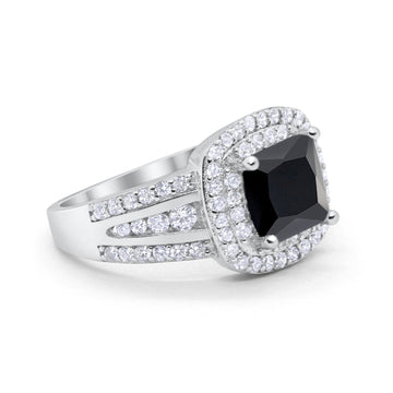 Halo Wedding Ring Princess Simulated Black CZ 925 Sterling Silver